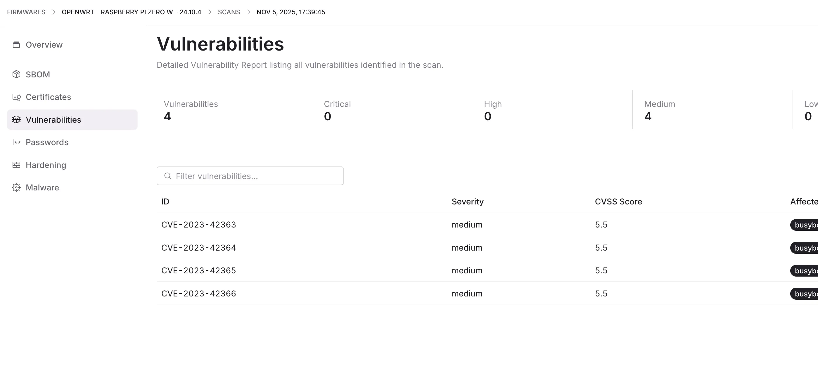 Screenshot of Boldwark Firmware X-Ray application displaying firmware analysis results.
